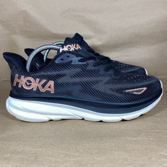 Hoka One One Clifton 9 Women Sz 9.5B Black Rose Gold Running Sneaks 1127896 BRGL - Picture 2 of 11